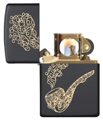 Pipe & Smoke Windproof Lighter with its lid open and unlit