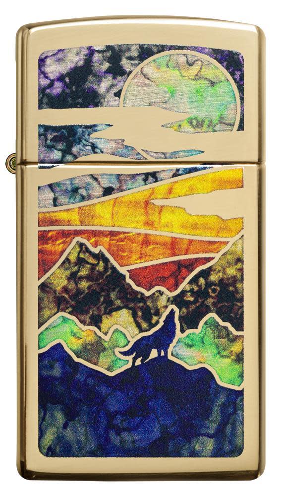 Front of SlimÂ® High Polish Brass Howling Wolf