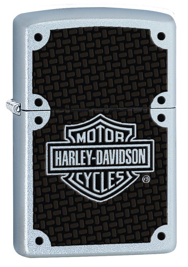 Front shot of Harley-DavidsonÂ® Satin Chrome Windproof Lighter standing at a 3/4 angle