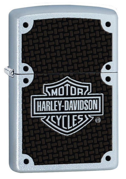 Front shot of Harley-DavidsonÂ® Satin Chrome Windproof Lighter standing at a 3/4 angle