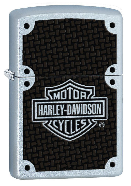 Front shot of Harley-DavidsonÂ® Satin Chrome Windproof Lighter standing at a 3/4 angle