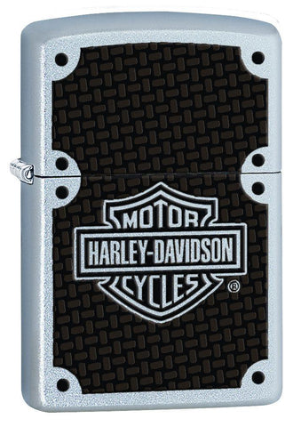 Front shot of Harley-Davidson® Satin Chrome Windproof Lighter standing at a 3/4 angle