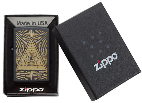 Eye of Providence Black Matte Design Windproof Lighter in its packaging