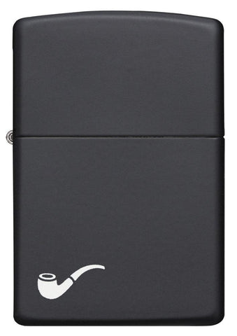 Front view of Black Matte Pipe Lighter with White Pipe Corner Symbol