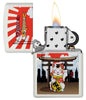 Lucky Cat Design White Matte Windproof Lighter with its lid open and lit