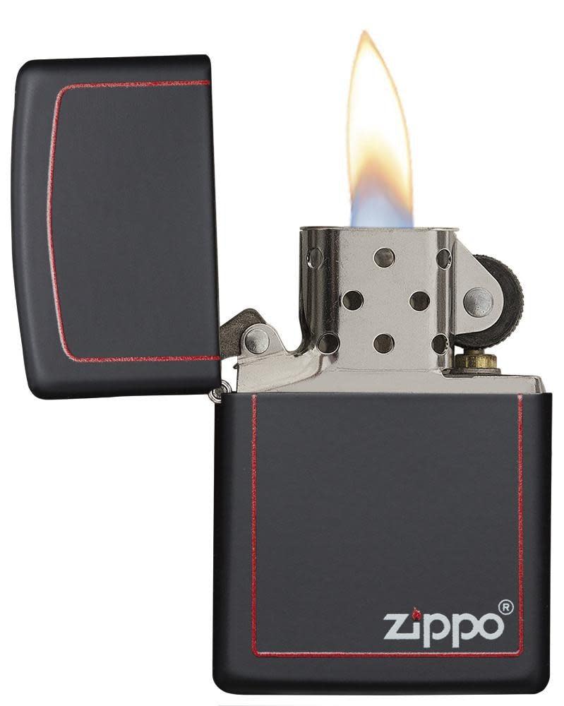 Front view of the Classic Black and Red Zippo Black Matte Lighter open and lit