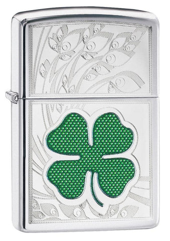 Front view of the Green & Silver Shamrock High Polish Chrome Lighter shot at a 3/4 angle 