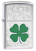 Front view of the Green & Silver Shamrock High Polish Chrome Lighter shot at a 3/4 angle 