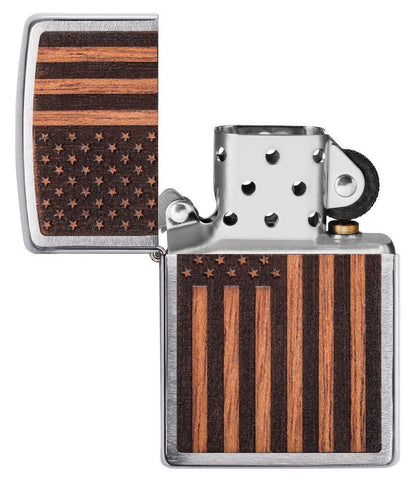 WOODCHUCK USA American Flag Windproof Lighter with its lid open and unlit