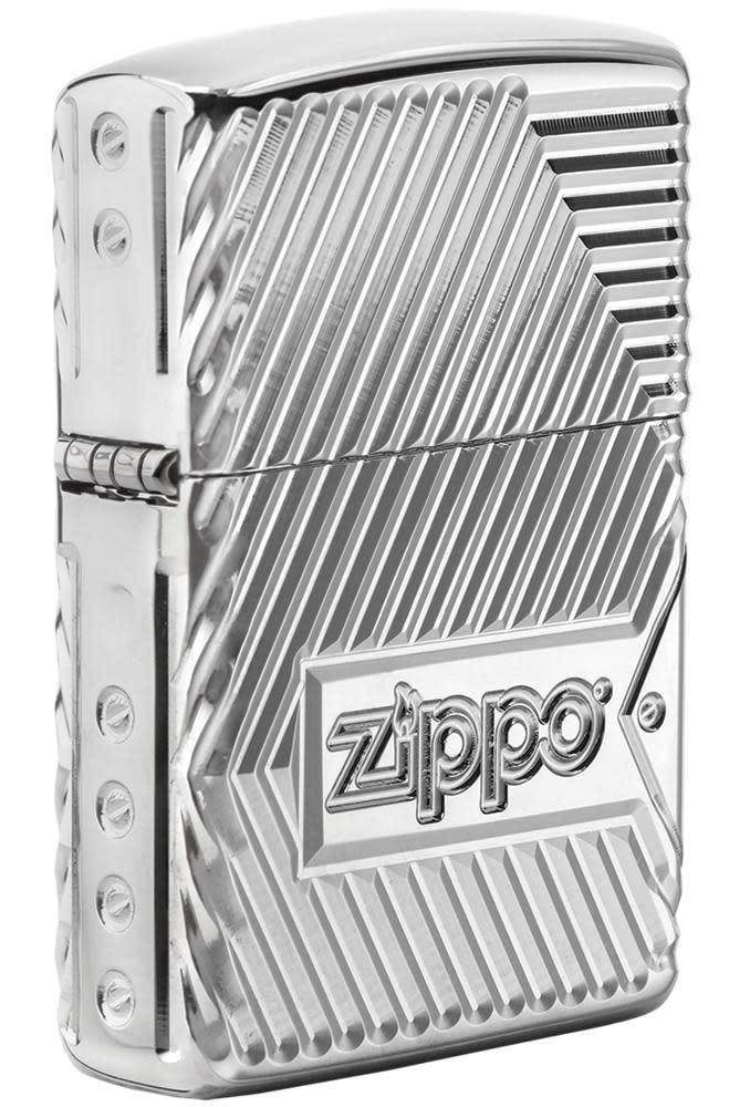 Front shot of Zippo Bolts Design Windproof Lighter standing at a 3/4 angle