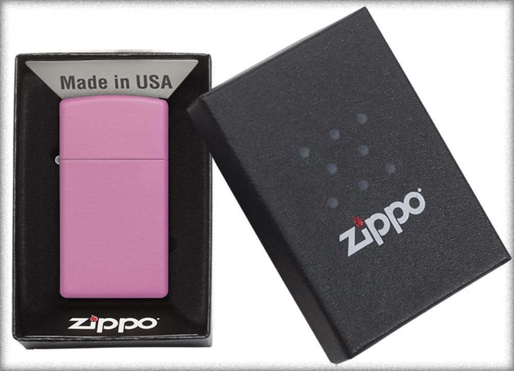 Front view of the Slim Case with Pink Matte Finish Lighter in packaging.