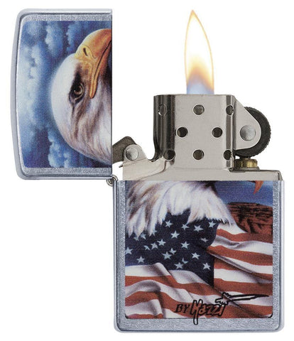 Mazzi Eagle and Flag Street Chrome Lighter with its lid open and lit.