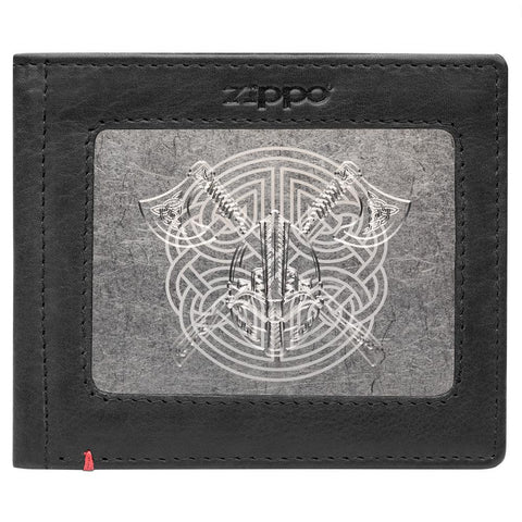 Front of black Leather Wallet With Viking Metal Plate Design - ID Window