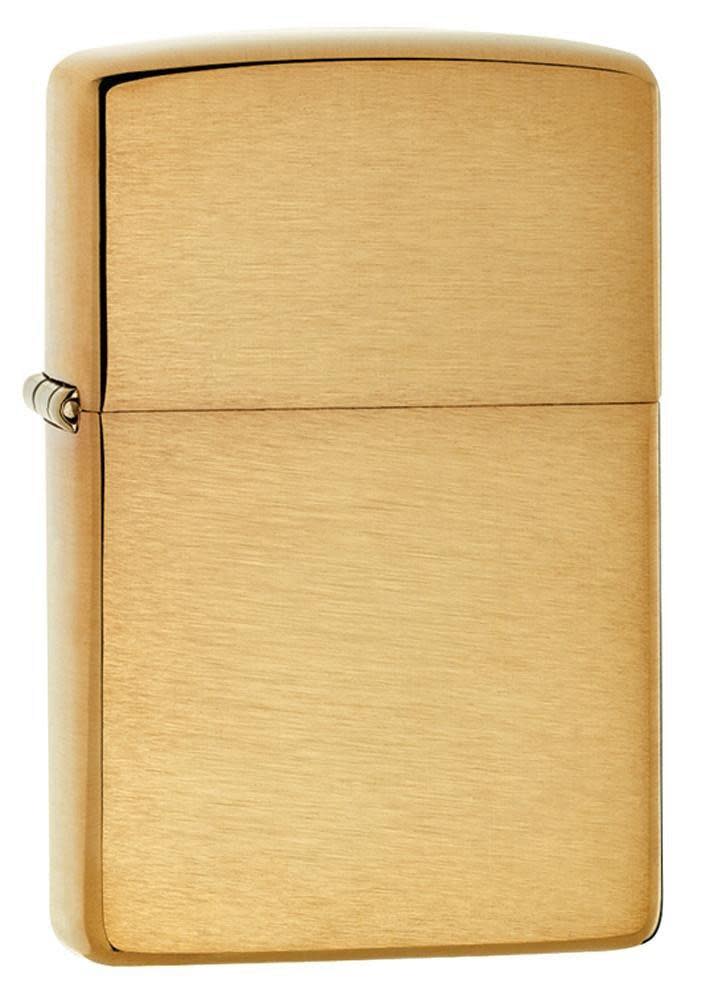 ArmorÂ® Brushed Brass Windproof Lighter standing at a 3/4 angle