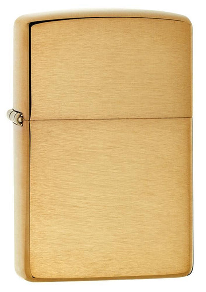 ArmorÂ® Brushed Brass Windproof Lighter standing at a 3/4 angle