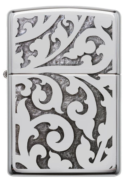 Front view of High Polish Chrome Filigree Windproof Lighter.