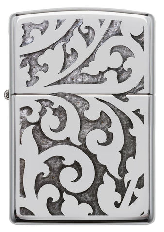 Front view of High Polish Chrome Filigree Windproof Lighter.