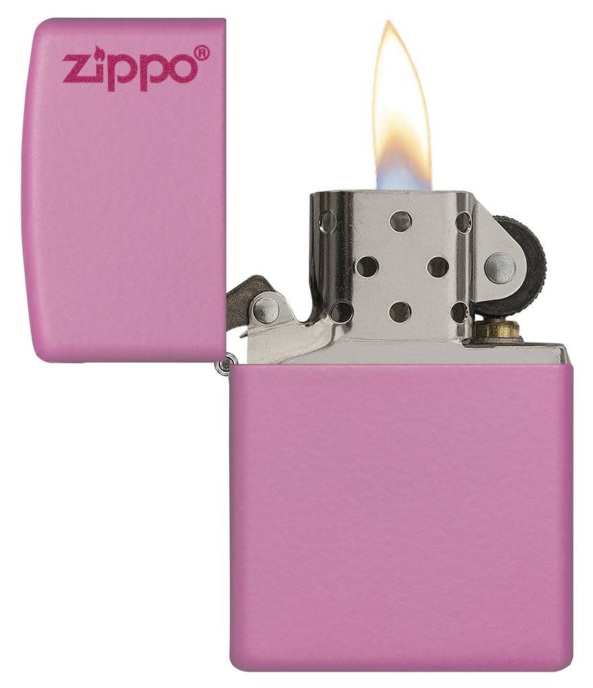 Front view Pink Matte Lighter with Zippo Logo Lighter open and lit 