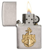 United States Navy Brass Emblem Windproof Lighter with its lid open and lit.