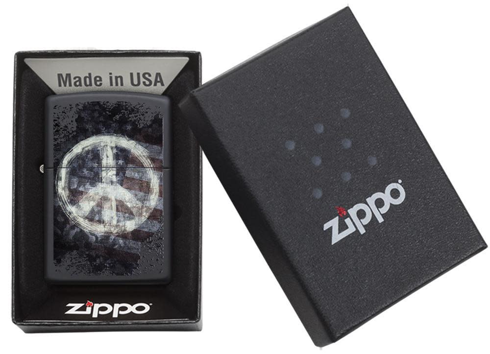 Peace on Flag Distressed Design Windproof Lighter in its packaging.