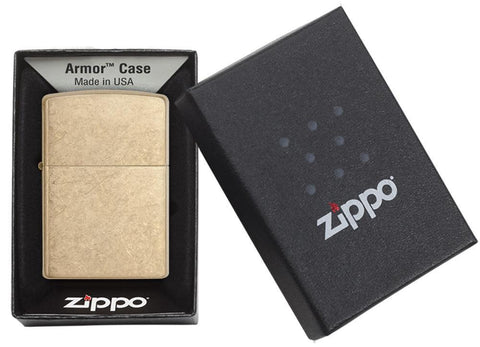 Armor® Tumbled Brass Windproof Lighter in its packaging