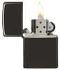 Front view of the Ebony Classic Case Lighter open and lit