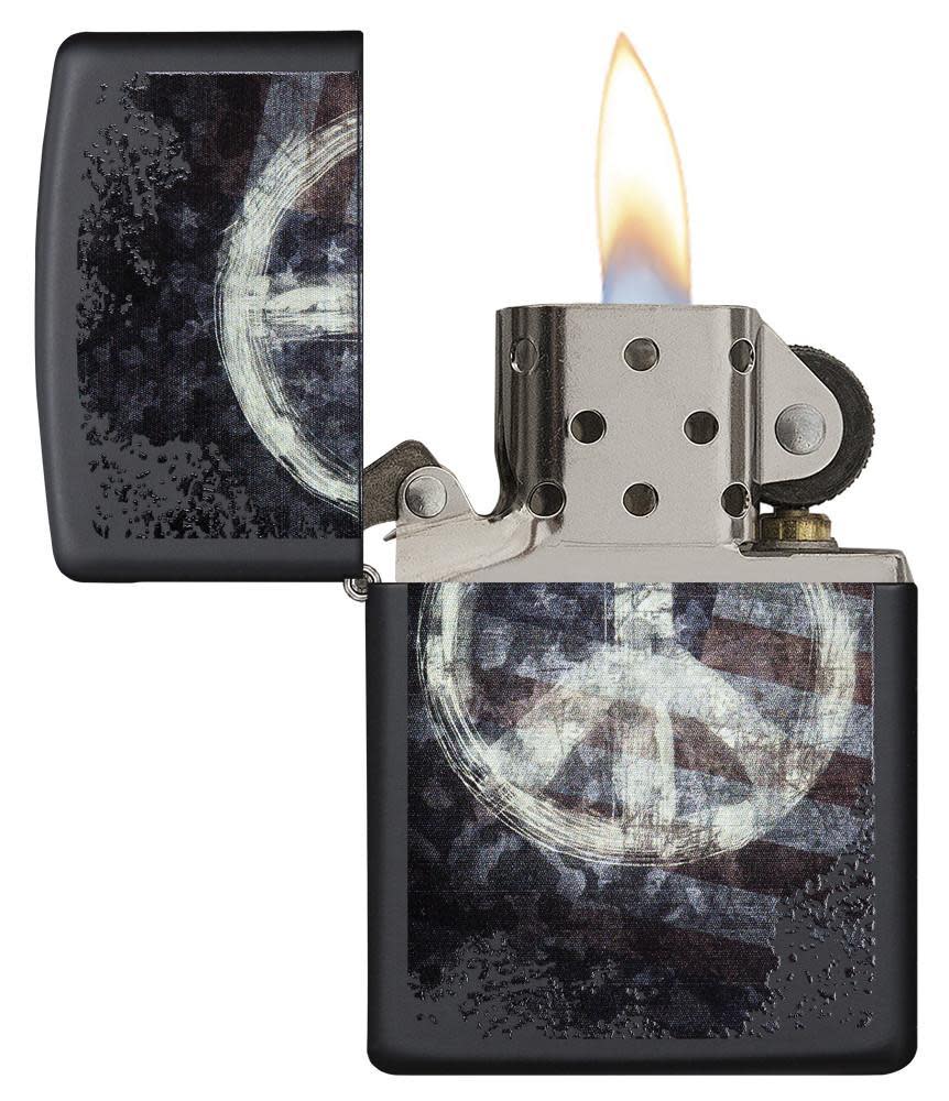 Peace on Flag Distressed Design Windproof Lighter with its lid open and lit.