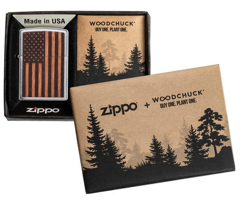 WOODCHUCK USA American Flag Windproof Lighter in its packaging