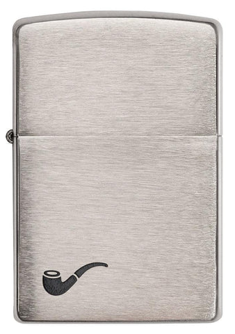 Front view of Brushed Chrome Pipe Lighter with Black Pipe Corner Symbol