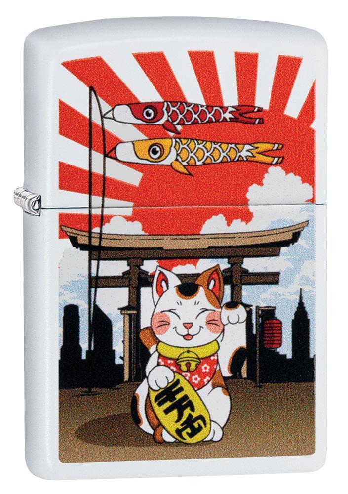 Front shot of Lucky Cat Design White Matte Windproof Lighter standing at a 3/4 angle