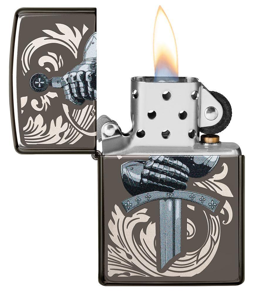 Knights Glove Design Black Ice Windproof Lighter with its lid open and lit