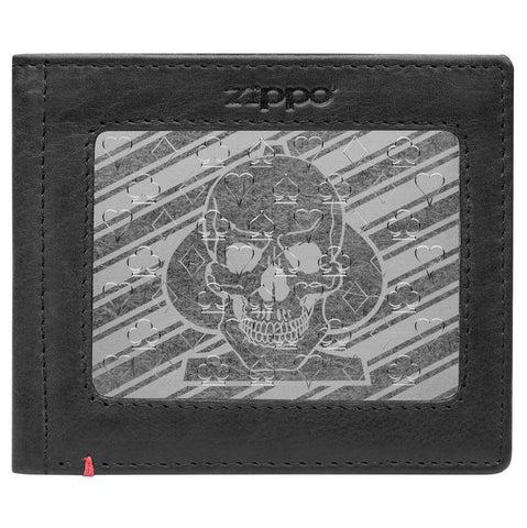 Front of black Leather Wallet With Spade Skull Metal Plate Design - ID Window