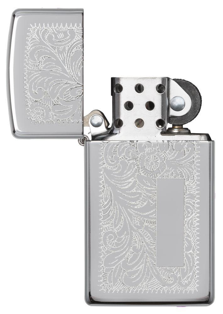 SlimÂ® High Polish Chrome VenetianÂ® with its lid open and unlit