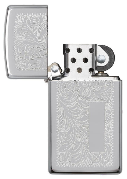 SlimÂ® High Polish Chrome VenetianÂ® with its lid open and unlit