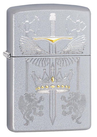 Front shot of Sword Design Satin Chrome Windproof Lighter standing at a 3/4 angle