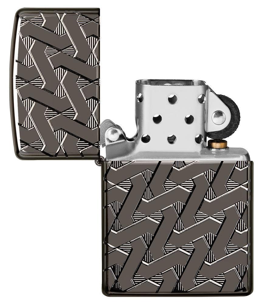Armor Geometric Weave High Polish Black Ice Windproof Lighter with its lid open and not lit
