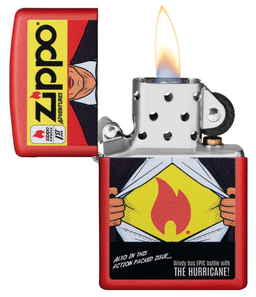 Comic Design Red Matte Windproof Lighter with its lid open and lit