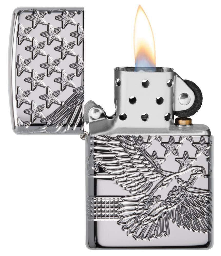 Patriotic Design High Polish Chrome Windproof Lighter with its lid open and lit