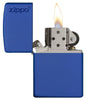 Front view of the Classic Royal Blue Matte with Zippo Logo with its lid open and lit.