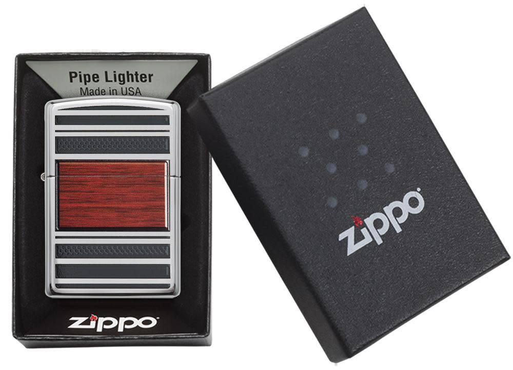 Pipe Wood Design High Polish Chrome Windproof Lighter in its packaging.