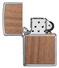 WOODCHUCK-USA-Walnut Brushed Chrome windproof lighter with its lid open and not lit
