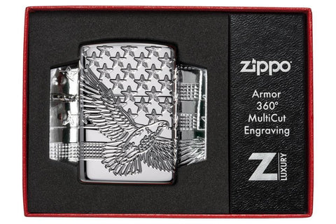 Patriotic Design High Polish Chrome Windproof Lighter in its packaging