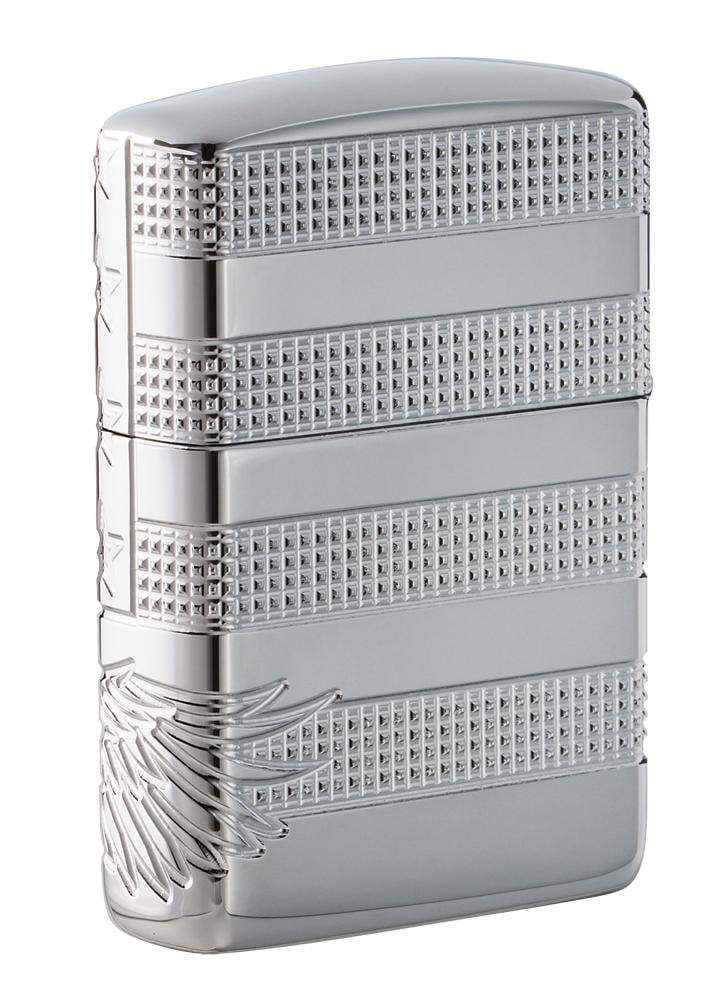 Back view of Patriotic Design High Polish Chrome Windproof Lighter standing at a 3/4 angle