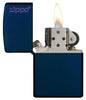 Classic Navy Blue Matte with Zippo Logo with it's lid open and lit.