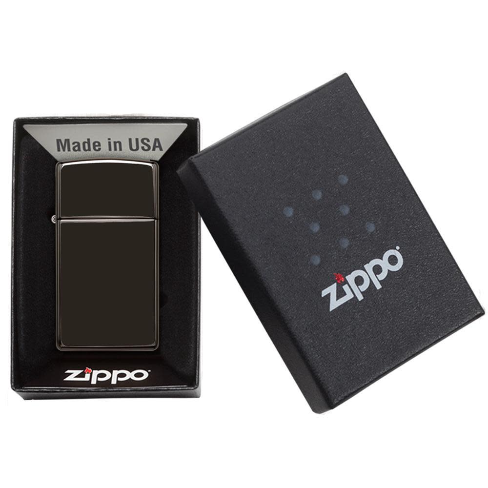 Slim® High Polish Black Windproof Lighter in its packaging.