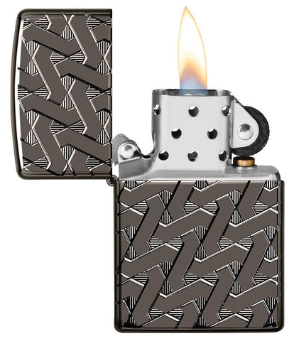 Armor Geometric Weave High Polish Black Ice Windproof Lighter with its lid open and lit