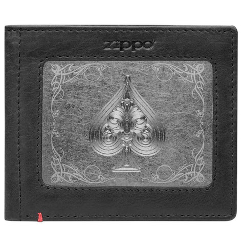 Front of black Leather Wallet With Spade Metal Plate Design - ID Window