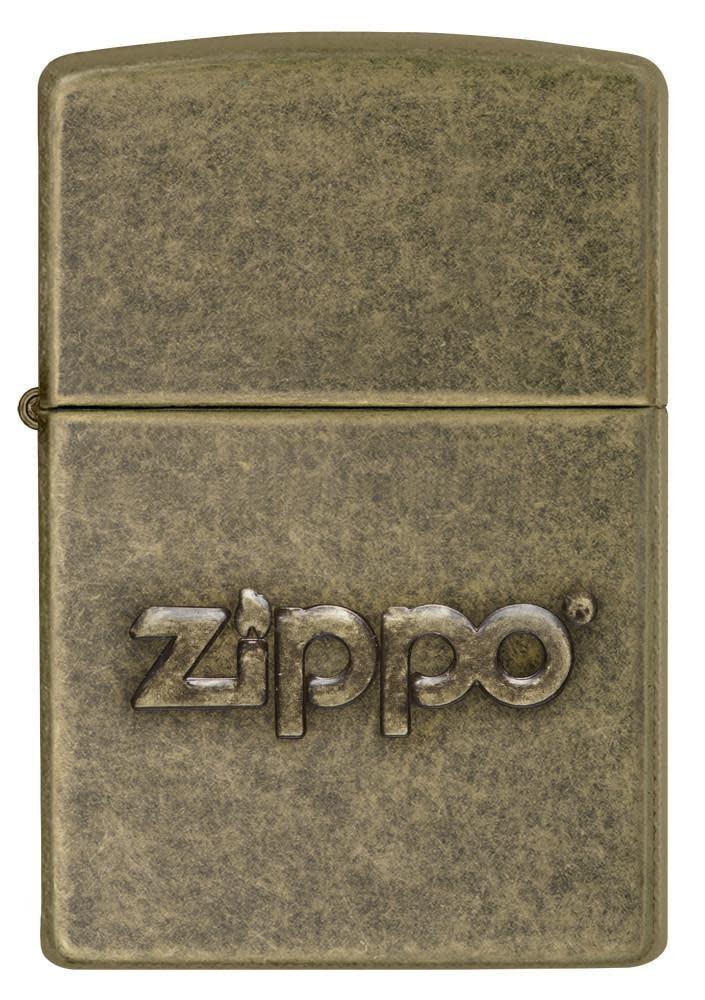 Front view of Zippo Stamp Antique Brass Lighter.