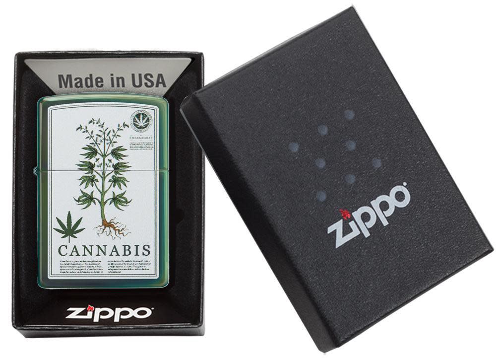 High Polish Green Cannabis Design Windproof Lighter in packaging