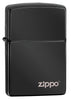 Front shot of Classic High Polish Black Zippo Logo Windproof Lighter standing at a 3/4 angle.